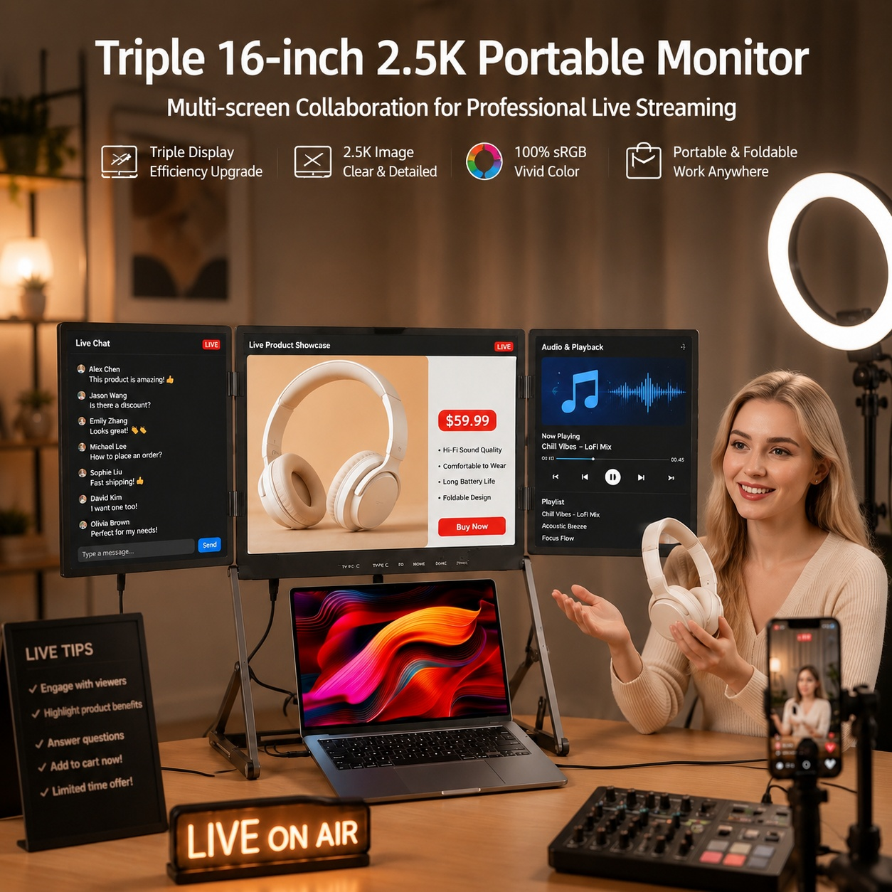 16.0" 2.5K 480cd/m² Backlit Triple Folding Monitor 4